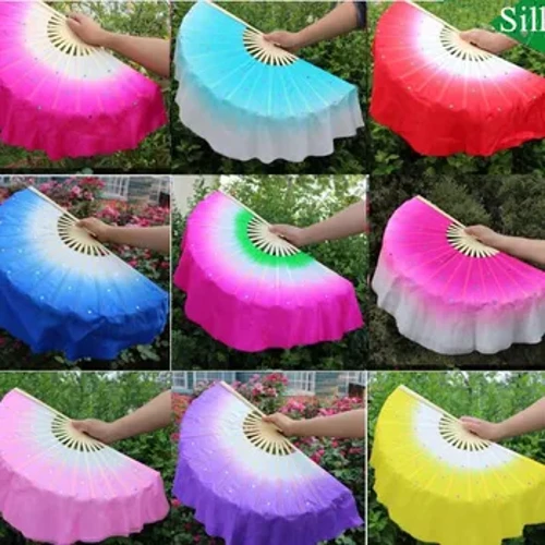 2 Chiếc Ngắn Trung Quốc Bellydance Quạt 30 Cm Tre + 10 Cm Nửa Vòng Tròn Lụa Mạng Che Mặt Cặp Yangko Múa Tre quạt Tay Nhuộm Người Lớn Nóng Bán