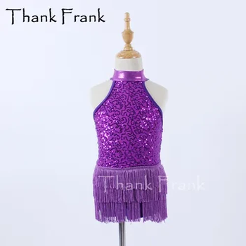 Nei Tassels Tap Dance Kleed Fir Meedercher Fraen Sexy Metallic Purple Modern Kleeder Kanner Mock Turtleneck Sequin Danzkostüm C655
