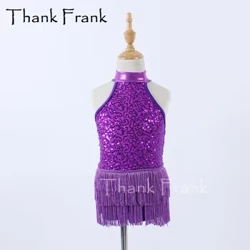 Gwisg Ddawns Tap Tassels Newydd Ar Gyfer Merched Merched Sexy Metelaidd Porffor Ffrogiau Modern Plant Ffug Turtleneck Gwisg Ddawnsio Sequin C655