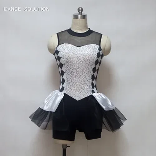 Gratis forsendelse Jazz og Tap Dance Performance Kostumer Hvid & Sort Trykt Spandex Tøj Krog Hals lukning Design 16049