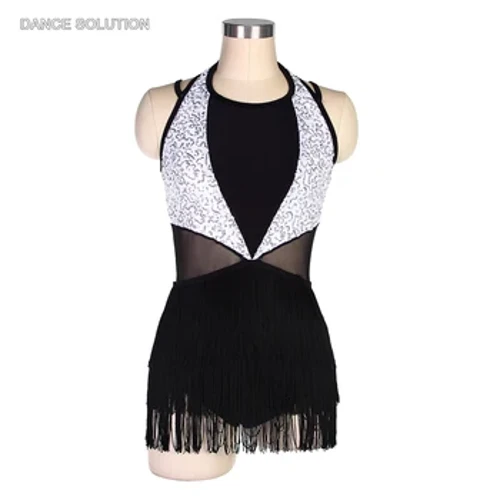 Váy tua rua và sequin đen/trắng dành cho nhạc Jazz trẻ em và người lớn, Trình diễn trang phục khiêu vũ 16042A