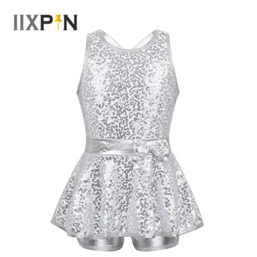 Rochie de dans jazz pentru fete Rochie de balet tricou Rochie de dans modernă, fără mâneci, cu paiete, încrucișată în spate, rochie cu fundă pentru copii