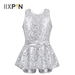 Ingubo yokudansa yamantombazane ye-Ballet Umdanso we-Leotard Ingubo yesimanje Tap Danceless Sleeveless Sequined Criss Cross Back Waist Ingubo ye-Bowknot izingane