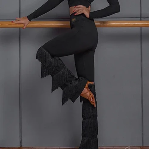Costum de dans latino Pantaloni negri cu franjuri Pantaloni de bal Samba Rumba Cha Cha Tap Dance Practice Purtare Pantaloni latini pentru femei DNV14094