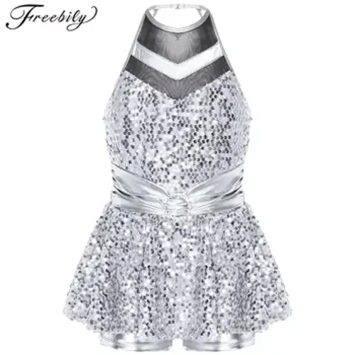 Barn Jenter Shiny Paljett Tap Jazz Dance Leotard Kjole Ermeløs Ryggløs Halter Shorty Boxer Unitard Ballett Tutu Scene Danseklær