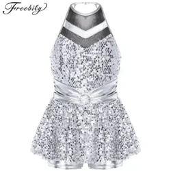 Kids Girls Makintab na Sequin Tap Jazz Dance Leotard Dress Walang Sleeveless Backless Halter Shorty Boxer Unitard Ballet Tutu Stage Dancewear