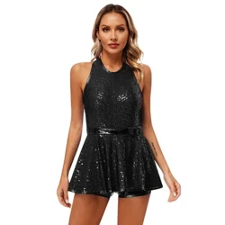 I-Womens Sparkly Sequins yesi-Latin Jazz Umdanso we-Leotard Ingubo ye-Criss Cross Back Bodysuit I-Ballet Tap Izingubo zokudansa zasesiteji Izingubo Zokusebenza