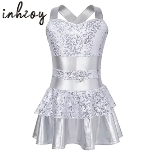 Copii Fete Glitter Paiete Mâneci Elegant Balet Jazz Tap Dance Tricou Rochie Strălucitoare Fără spate Bronzing Costum de dans modern