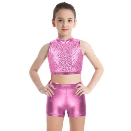 Amantombazane Athepha I-Hip Hop Jazz Imvunulo Yomdanso we-Ballet Izingubo Zokudansa Ezicwebezelayo Ezisikiwe Ezingenamikhono Emuva Nqampuna Phezulu Ngengubo Ye-Metallic Bottoms