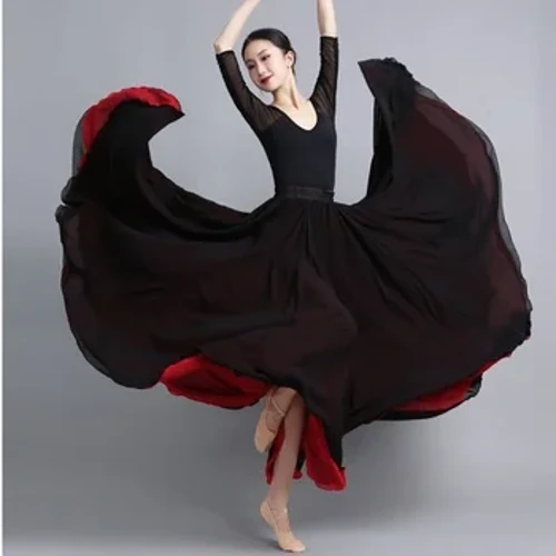 Fusta de dans din șifon flamenco pentru femei, 720 de grade, culoare solidă, fuste lungi, îmbrăcăminte pentru dansatori, fustă în stil chinezesc cu tiv mare