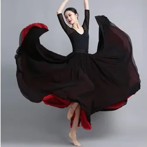 Jupe de danse flamenco en mousseline de soie pour femmes, jupe longue de couleur unie à 720 degrés, vêtements d'entraînement de danseuse, jupe de style chinois avec grand ourlet