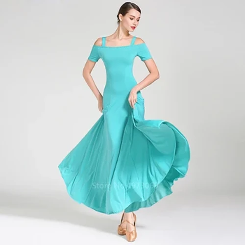 Vestido de Flamenco para mujer, ropa de salón de baile de Color sólido español gitano, ropa de escenario con correa sin tirantes, Vestido de danza del vientre con ala grande