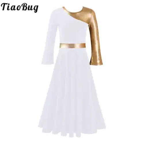 Trẻ Em Bé Gái Kim Loại Phụng Vụ Khen Ngợi Nhảy Đầm Chuông Tay Dài Trữ Tình Flamenco Đồ Bầu Thờ Trang Phục Nhà Thờ Áo Dancewear