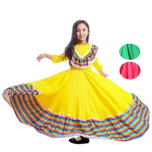 Purim kislány mexikói ruha születésnapi parti halloween jelmez gyerekek gyerek mexikó flamenco tánc szoknya sárga zöld rózsa colo