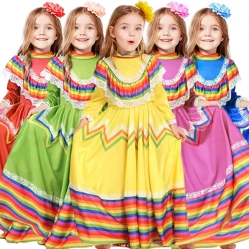 Dekliška tradicionalna mehiška obleka za ljudske plesalke v nacionalnem mehiškem slogu Bohemia Gypsy Flamenko kostum za pustno zabavo