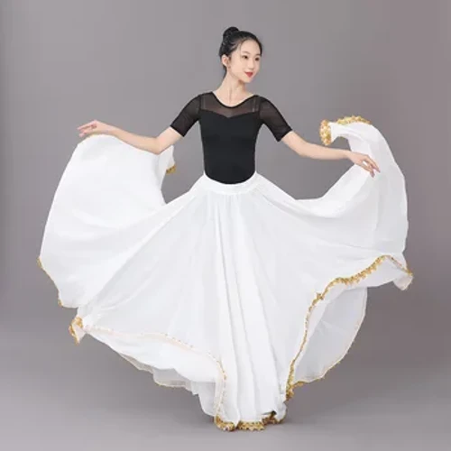 Flamenco danse du ventre en mousseline de soie femmes 13 couleur solide 720 degrés pendule jupe gitane jupes longues danseur pratique longue jupe de danse