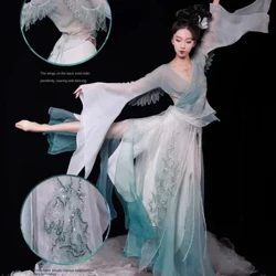 Klasszikus kínai táncos ruha Előadói jelmezek Hálós libbenő szárnyak Edzőruhák Elegáns Hosszú Stílus Hanfu Art Szoknya