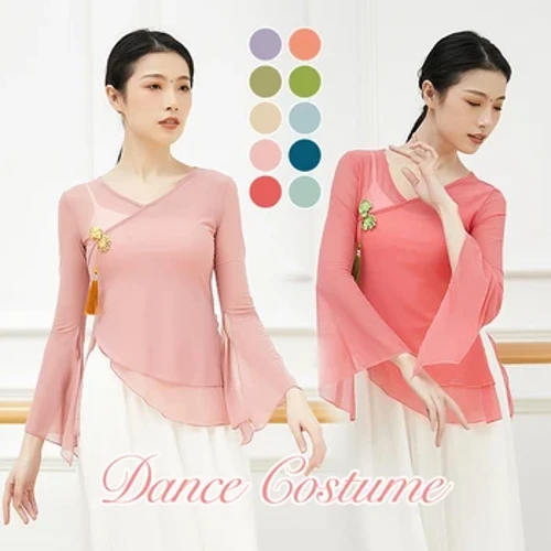 Vrouwen Klassieke Dans Shirt Kleding Chinese Retro Gesp Oude Rijm Gaas Doorschijnende Lange Mouwen Tops Volksdans Kostuum