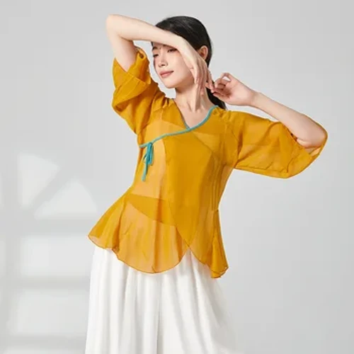 Khiêu Vũ Cổ Điển Cardigan Cổ Chữ V Top Nữ Mẫu Quần Áo Tập Flowy Cổ Bề Ngoài Mặc Trang Phục Cơ Thể Quyến Rũ Gạc Áo Màu Hồng