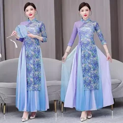 2024 vårens klassiska dansdräkt flödande Qipao kinesisk stil kinesisk dansföreställning Runway-dräkter Tvådelat set Z4569