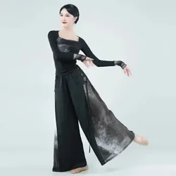 Moderne dans Klassisk dans Mesh volanger Topp ytelse Praksis Kostyme Yoga Flowing Black Tie-dye Cheongsam Wide Leg Bukser