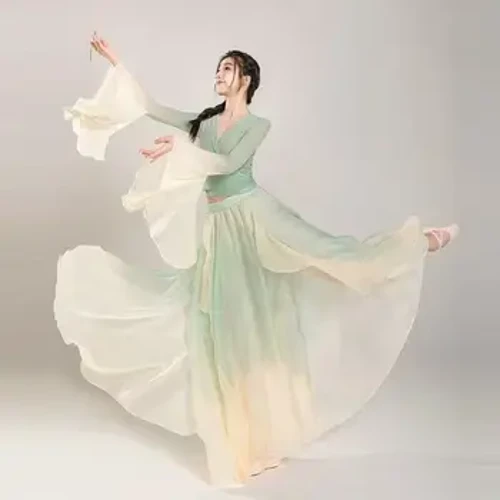 Costumes de danse classique de danse folklorique de style chinois, costumes de performance, vêtements d'entraînement, rime corporelle, longue robe extérieure de danse chinoise