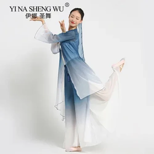 Khiêu Vũ Cổ Điển Trang Phục Mùa Hè Gạc Hiệu Suất Quần Áo Áo Khiêu Vũ Thanh Lịch Đào Tạo Cơ Bản Cardigan Dài Quần Áo Tập Luyện Nữ