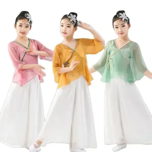 Kläder för klassisk dans för flickor Traditionell kinesisk dansklänning med elegant chiffongkjol Etnisk träningsoutfit