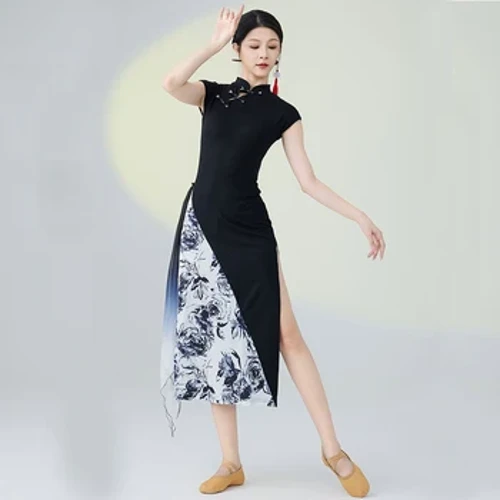 Khiêu Vũ Cổ Điển Trang Phục In Sườn Xám Vũ Chia Họa Tiết Hoa Thanh Lịch Trình Diễn Truyền Thống Sân Khấu Đầm Trung Quốc Hanfu