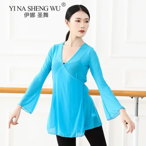 Neue chinesische Volkstanz-Trainingskleidung für Auftritte Fließende Körperreimgaze Langarmoberteile Sexy Netzhemd 3XL