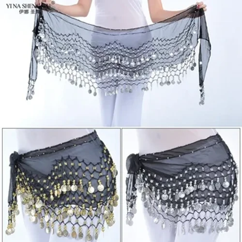 Iketango Elisha Le-Belly Dance Waist 128 Izinhlamvu zemali ze-Chiffon Fabric Izinhlamvu zemali zezendlalelo ezintathu Zokusebenza komdanso Izesekeli ze-Belly Dance Hip Scarf