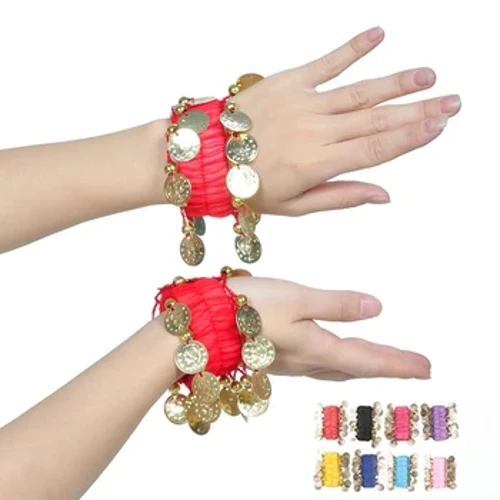 Belly Dance Metal Coin Breichledau 1 Pâr Dawnsio Bol Ddawnsio Arddwrn Ffêr Cyffiau Breichledau Chiffon Gold Coin Belly Dance Affeithwyr
