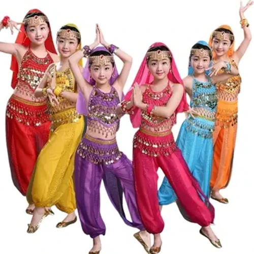 Giai Đoạn Voan Trẻ Em Ấn Độ Múa Bụng Cô Gái Trang Phục Halloween Hiệu Suất 7 Bộ Trẻ Em Nhảy Múa Vải Trang Phục