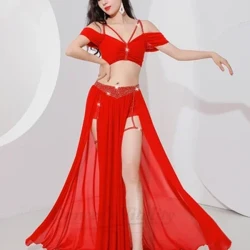 Tari Perut Setelan Profesional untuk Wanita Mesh Lengan Pendek Atasan + Seksi Split Rok Panjang 2 Pcs Gadis Oriental Belly Dancing Suit