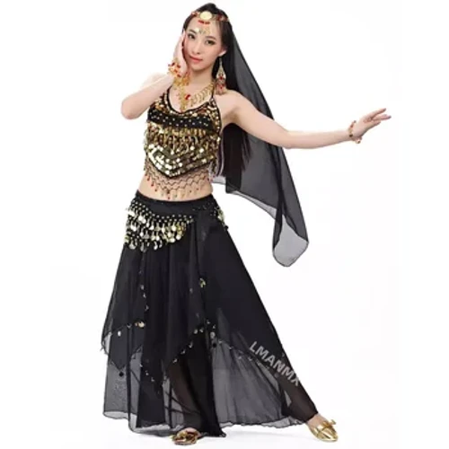 Conjunto de disfraz indio de 4 piezas, velo para danza del vientre, monedas superiores, bufanda a la cadera, falda, disfraz de danza del vientre para mujer