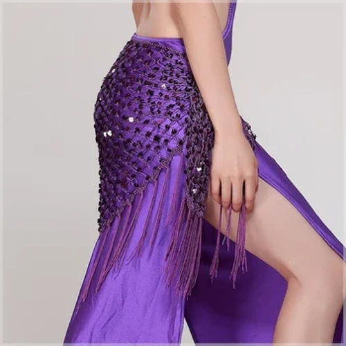 vifaa vya rangi 12 vya densi ya tumbo mkanda mrefu wa tassel, pembetatu ya elastic ya mkono wa crochet ya tumbo inayocheza kwenye makalio ya sequins ya mkanda wa wasichana
