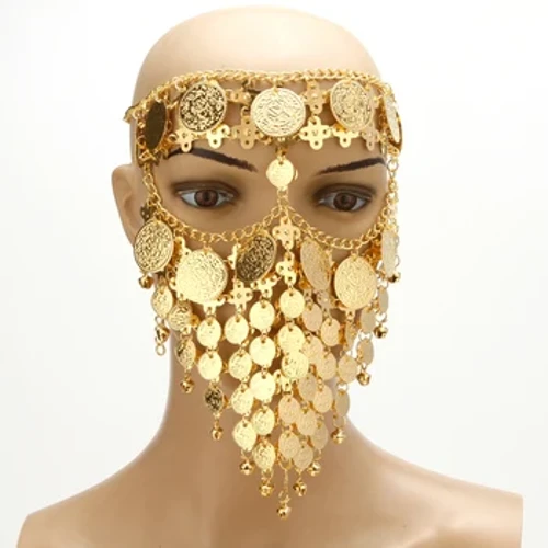 Sabel dantzako mozorroa Buruko arropa Txanponak Aurpegiko maskara beloa Tribal Arabiar Afrikako Egipto Urrez xaflatutako osagarria