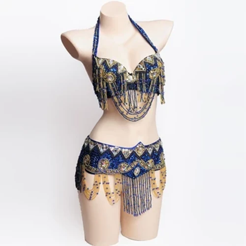 Gwisgoedd Dawns Bol Dwyreiniol Glain Arbennig y gellir eu Customizable â Llaw Maint Bra Belt XL 20-30 diwrnod