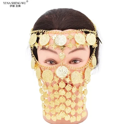 Alloy Veil Masker Dam Huvudbonader Mynt Kedjor Maskerad Magdans Tillbehör Kedjemask Guld Fashionabla tofs Ansiktsgardin