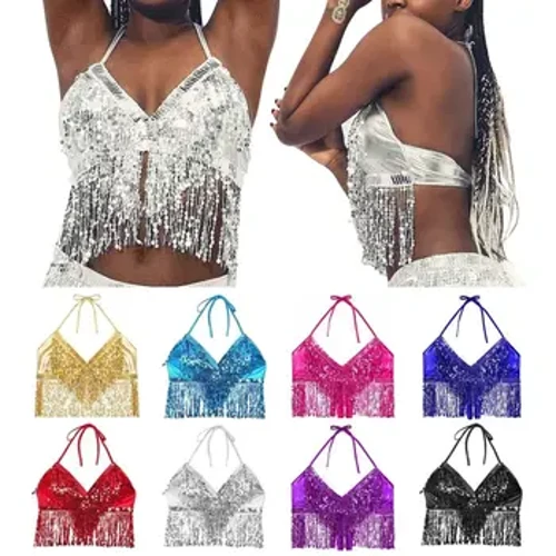 ʻO ka hula ʻōpū ʻo Sequin Fringe Top Hālau ʻO ka Hale Hōʻikeʻike Halter Bra ʻAʻahu Hula Hōʻike Nā lole Halter Bra Performance Top
