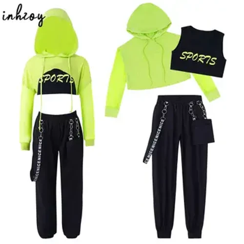 Nesken Hip Hop Dantza Mozorroa Umeentzako Kaputxaduna Estaltzeko Top Tops Kirol Bra Txalekoa eta Jogger Prakak Traje Jazz Modern Street Dance Arropa