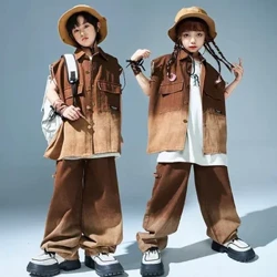Bộ Trẻ Em Thể Hiện Thoáng Mát Tee Nhảy Đường Phố Trẻ Em Jazz Trang Phục Bé Trai Hip Hop Áo Thun Màu Nâu Bé Gái In Hình Quần Shorts Quần Áo