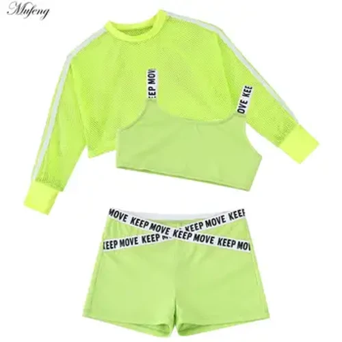 Ținute de dans hip hop pentru fetiță, 3 bucăți, bluză scurtă de antrenament, plasă scurtă + tanc + set de pantaloni scurți pentru dansuri de jazz, costum de dans stradal