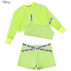 Anak Gadis Keren Hip Hop Pakaian Tari 3 Pcs Bernapas Latihan Blus Jaring Pendek + Tank Top + Celana Pendek Set Jazz Kostum Tari Jalanan