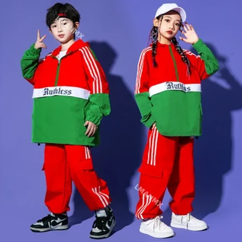 Trẻ Em Hip Hop Màu Đỏ Tương Phản Áo Quần Jogger Quần Bé Trai Nhảy Đường Phố Áo Khoác Trang Phục Bé Gái Dạo Phố Trẻ Em Thể Thao Jazz Trang Phục Quần Áo