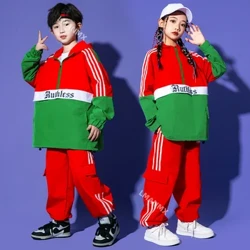 Trẻ Em Hip Hop Màu Đỏ Tương Phản Áo Quần Jogger Quần Bé Trai Nhảy Đường Phố Áo Khoác Trang Phục Bé Gái Dạo Phố Trẻ Em Thể Thao Jazz Trang Phục Quần Áo