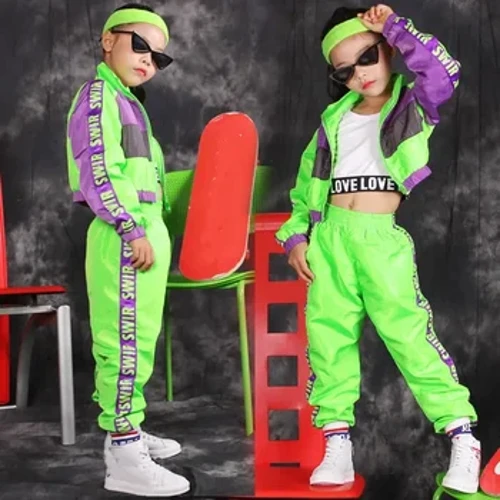 Anak-anak Hijau Pakaian Tari Hip Hop Gadis Jazz Kostum Tari Modern Fluoresensi Setelan Pakaian Anak-anak Kostum Panggung Pakaian