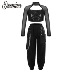 Mga Damit na Hip Hop ng mga Batang Babae 2 Pirasong Outfits Sequin Cutout Crop Tops Cargo Pants Set Jazz Street Dancewear Performance Costume para sa mga Bata