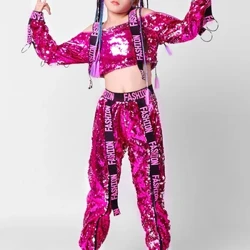 Đỏ Bạc Sequin Phối Quần Trẻ Em Nhảy Múa Đường Phố Quần Áo Khiêu Vũ Sân Khấu Mặc Trẻ Em Nhạc Jazz Cô Gái Nhảy Hip Hop Trang Phục