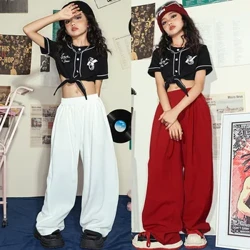 Neskentzako Hip-Hop arropa solteak Hanka zabaleko prakak Parpailadun kamiseta Jazz Dance Cool Performance Praktika multzoa
